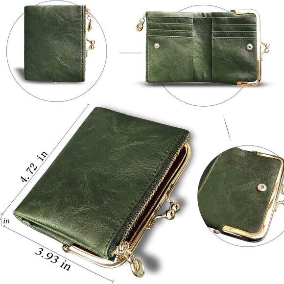 Women's RFID Leather Wallet Compact Bifold Coin Purse with Zipper Kiss Lock - Picture 5 of 7